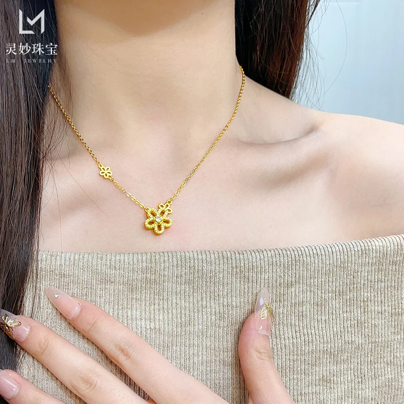 قلادة مجوهرات فاخرة من الذهب الحقيقي عيار 9999 عيار 24 قيراط للنساء مع سلسلة ترقوة زهر الكرز الدوارة هدية رائعة لصديقتك #3