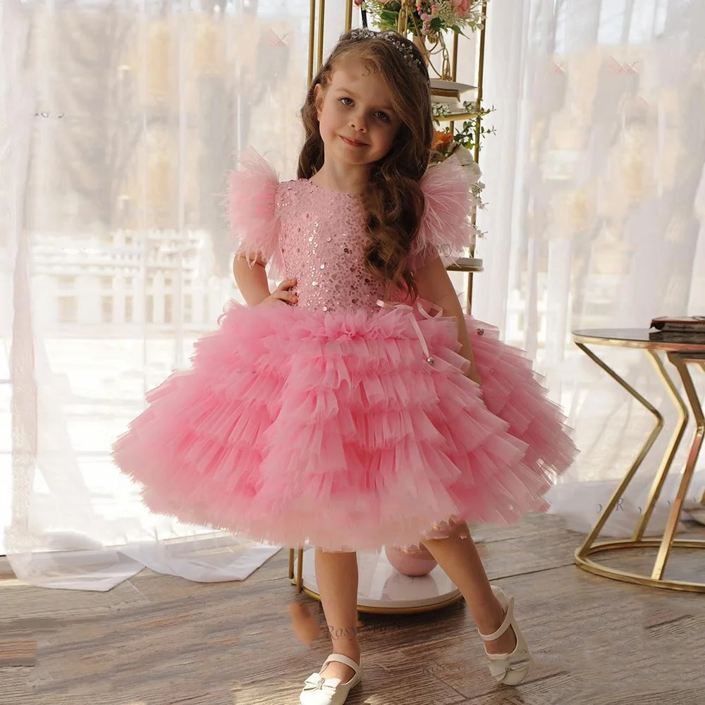 

Pink Flower Girl Dresses Luxury Big Bow Sequined Ball Gown First Communion Dress Birthday Photos Shoot Gowns for Party