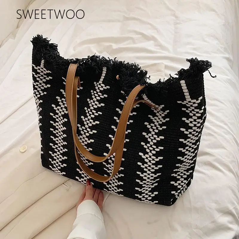 Women's Bohemian Jacquard-Weave Fringe-Trim Tote Bag, Textured Woven Oversized Purse with Genuine Leather-Look Handles