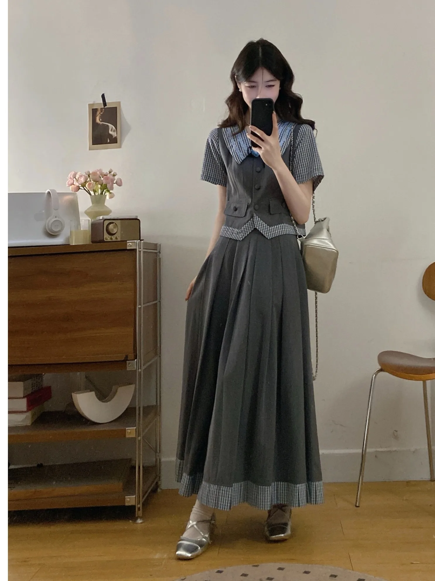 

plus Size Women's Shirt And Skirt Set Summer New Style A-Line Skirt Plaid Splicing Gentle Style Commuter Korean Version