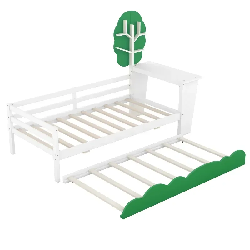 White Twin Size Daybed with Desk, Green Tree Shape Shelves and Trundle, for indoor bedroom furniture