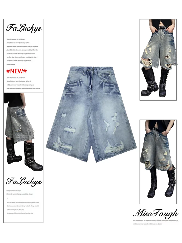 

Blue Women's Straight Shorts Jeans Hot Pants High Waist Europe America Street Summer Vintage Ripped Design Denim Wide Leg Shorts