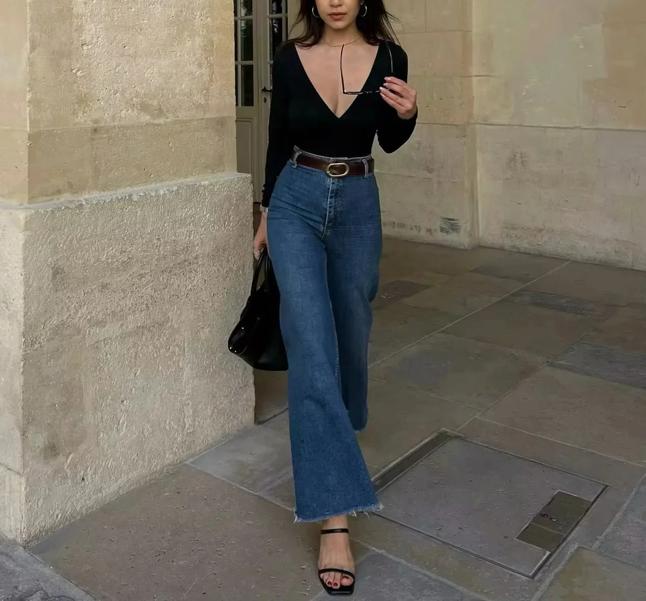 Spring New Women's Retro Faionable High Waist Elastic Navy Sle Flared Jeans High Wear Resistant Straight Leg Nine Points
