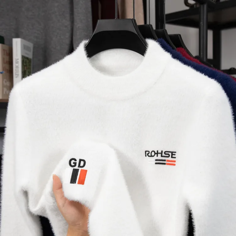 

Winter Faux Fur Sweater Men's Half-crew Thickened Insulated White Knit Underwear Wool Pullover