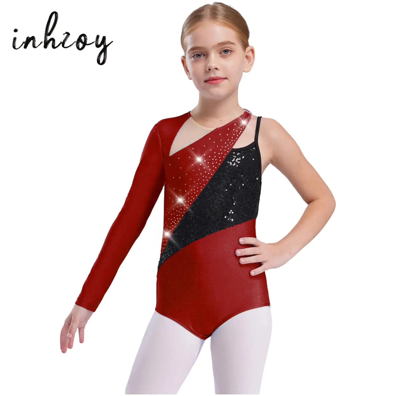 

Kids Girls Asymmetrical Shoulder Ballet Dance Leotard Sparkly Sequins Color Block Bodysuit Gymnastics Figure Skating Dancewear