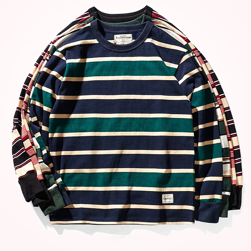 

Japanese Sle Heavyweight 300g Pure Cotton Striped Long Sve T-irt Men's Autumn Winter Loose Fit Retro Base Layer irt ...