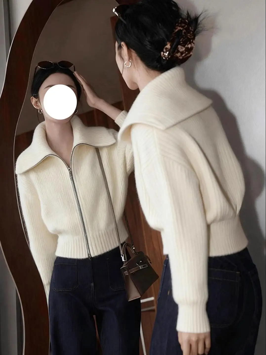 

Осенний корейский женский свитер с воротником на молнии Aosphere, мягкий ленивый белый высококачественный длинный свек стандартной посадки irt