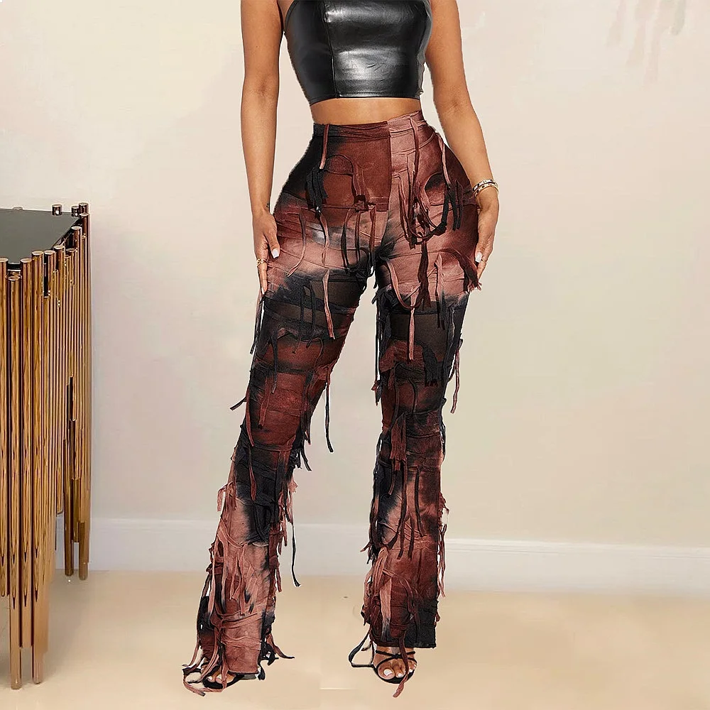 Street Style Tie Dye Fringe Jeans Pants for Women Spring Summer Loose Casual Denim Trousers