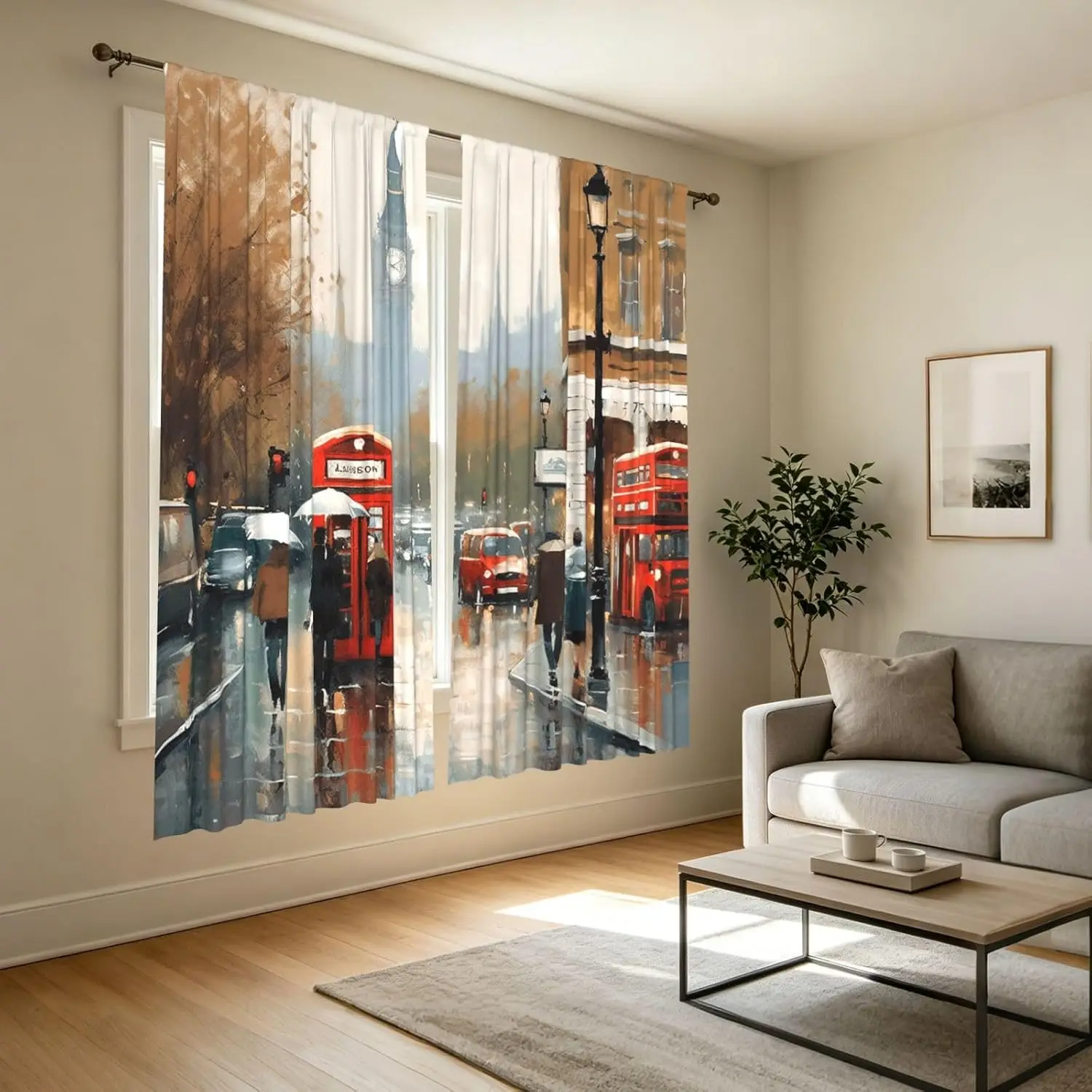 Vintage London Street Art Curtain Polyester Window Drapes British Big Ben Double Decker Bus Painting Home Decor Curtain
