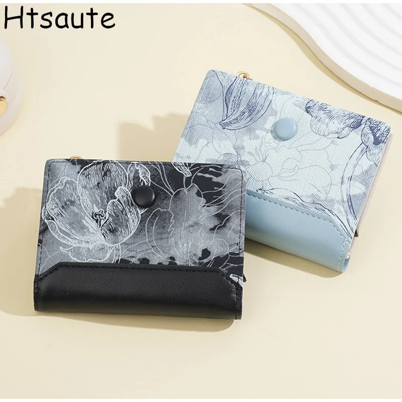 

New Multi-Functional Flower Print Wallet For Women Small Money Clip Multi-Slot Short ID Holder Wallet For Women Card Holder