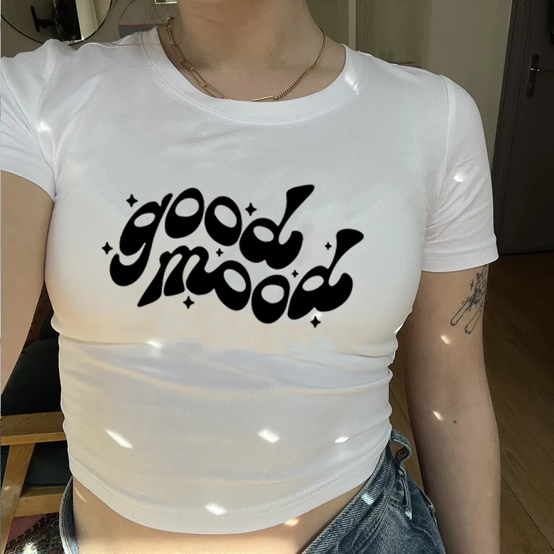 Good Mood Y 2k Baby Tee Retro Fashion o-collo Tee donna crop, manica corta donna Sexy Cropped Top t-shirt corta da donna