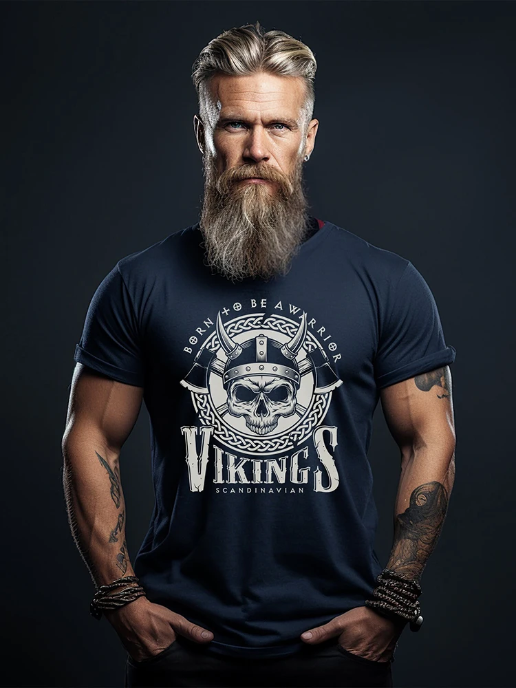 Summer Everyday Casual Men\'s T-shirt Fashionable Street Men\'s T-shirt Outdoor Sports Comfort Men\'s Short Sleeve Top Viking Print