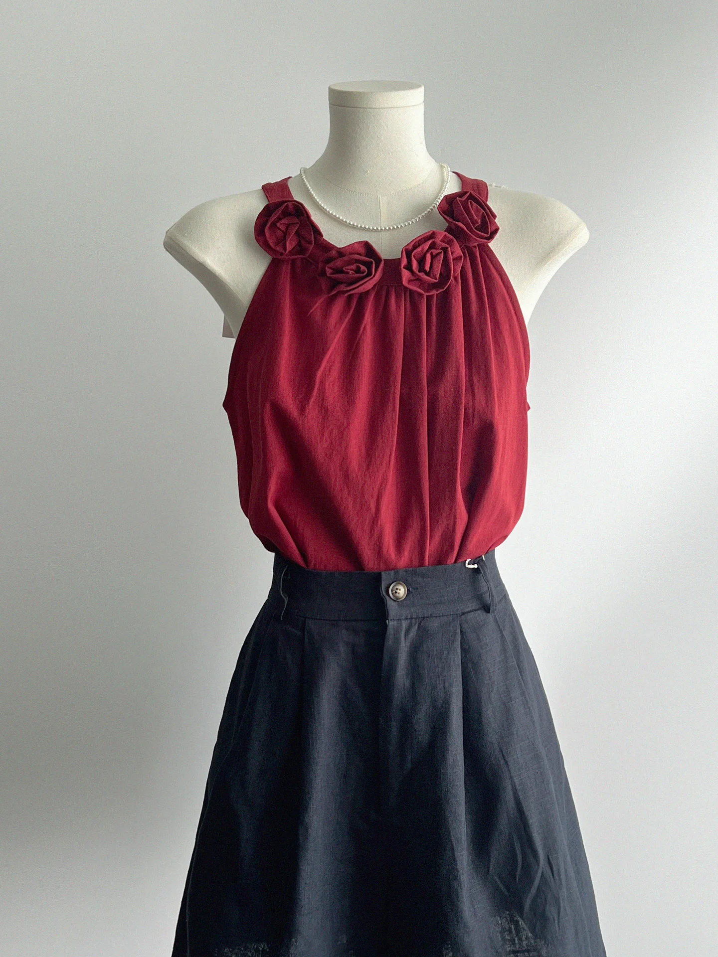 

Красный льняной топ ручной работы с цветочным кружевным воротником, французский стиль, прямой крой, летний, модный, с круглым вырезом