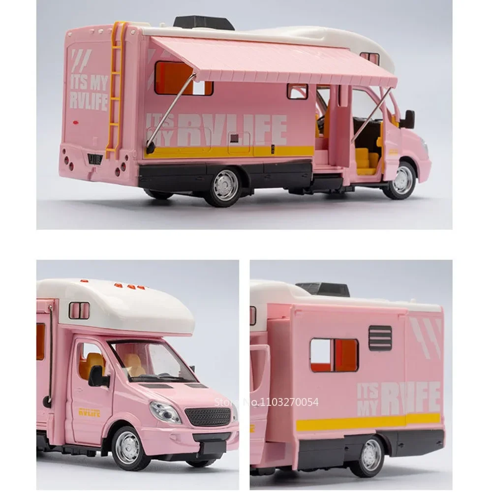 1/32 Tourist RV Model Toys Car Alloy Diecast Vehicle Doors Opened Metal Body Rubber Tire Sound Light Pull Back Toy Gift for Kids