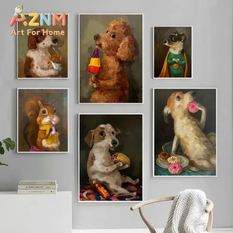 Vintage Funny Puppy Eating Donut Art Poster Print Cute Kitten Eating Snacks Canvas Painting Living Room Wall Home Decor Unfra