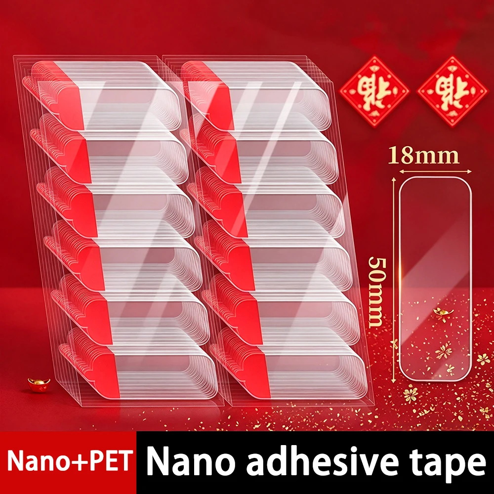 72-216Pcs 18mmx50mm Transparent Nano Double-Sided Tape Square Strong Non Marking Anti Slip Adhesive Tape Fixed Storage Patch