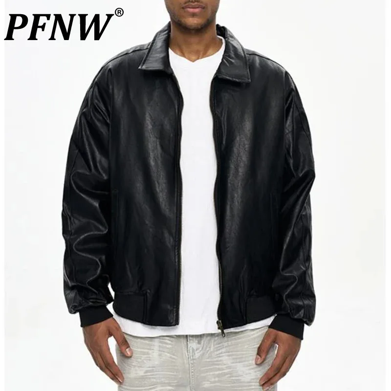 

PFNW Menswear Old Money Style Black PU Leather Jackets For Men Casual Loose Zipper Coat Autumn Winter Trendy Clothes 12C1428