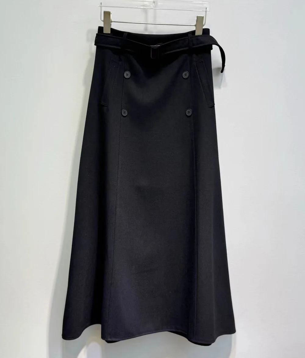 2026 Autumn Winter Fashion Long Skirt High Quality Women Pocket Belt Patchwork Elegant Long Grey Black Woolen Skirt Clothing