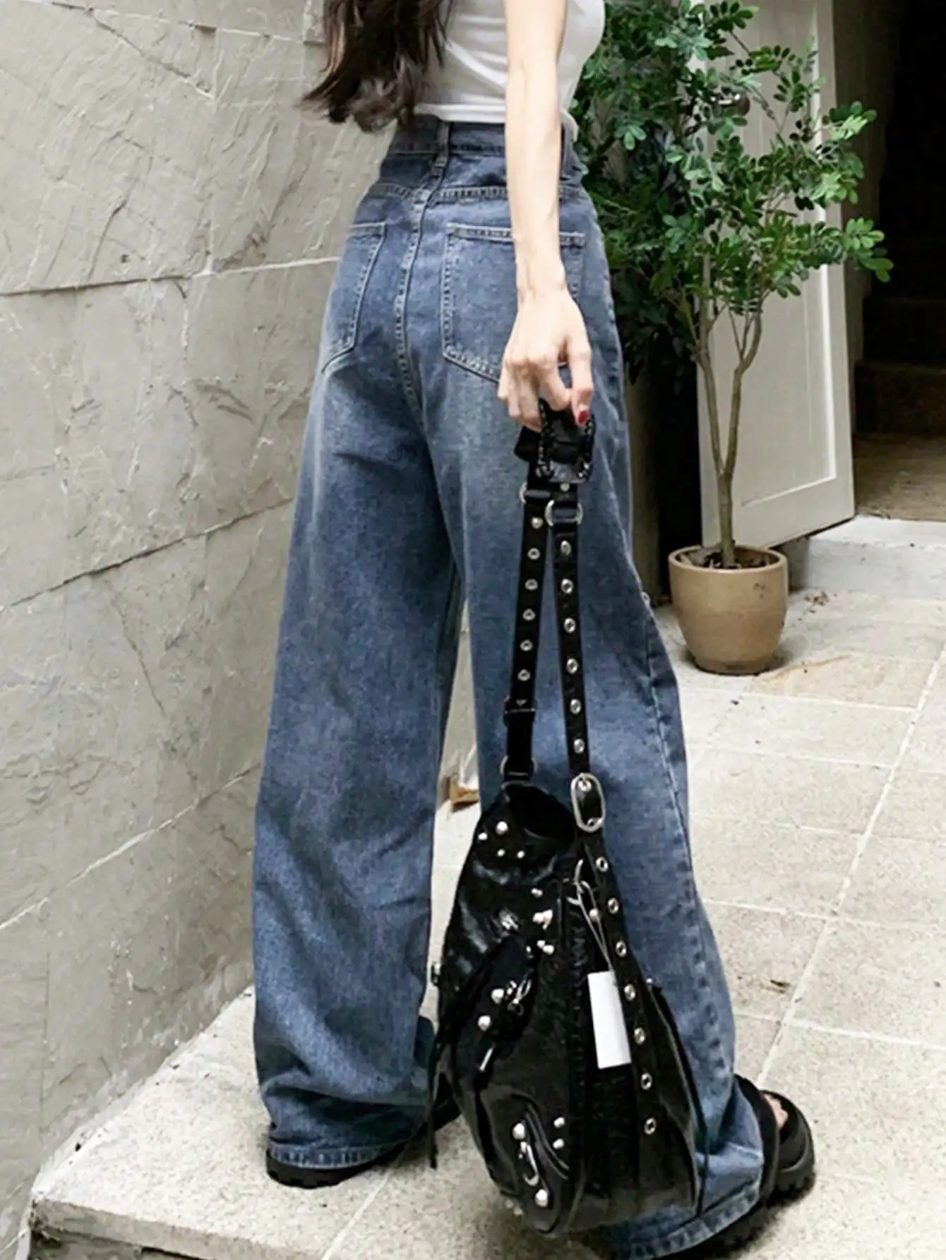 Korean Chic Summer Niche Design Letter High-Waisted Ripped Wide-Leg Pants Loose Slimming Look Draped Floor-Length Pants for Women 한 Kmer Dagger