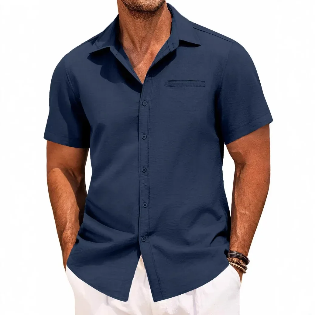 New Men's Shirt Button Short-sleeved Lapel Office Casual Top Fashion Simple Invisible Pocket Blouses
