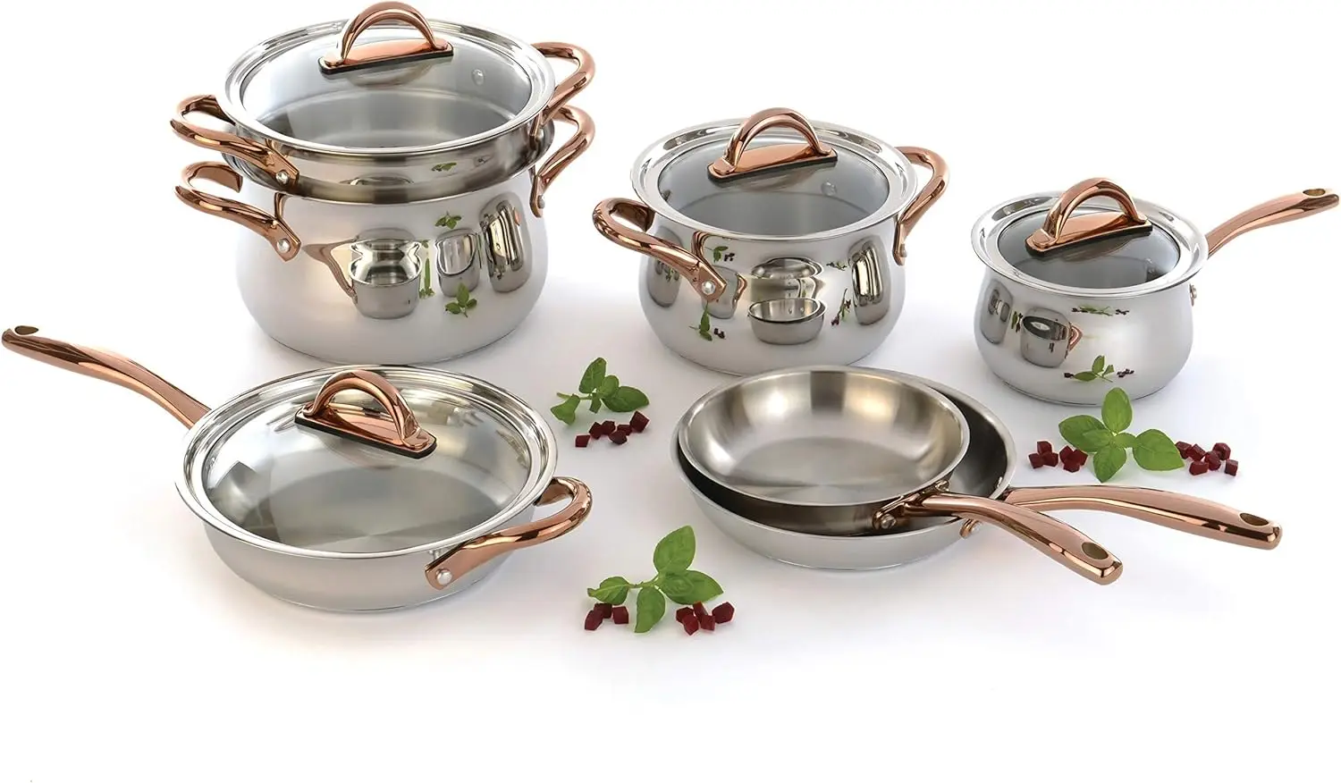 

11 Piece Ouro Cookware Set With Gold Handles And Glass Lids, Silver/Rose