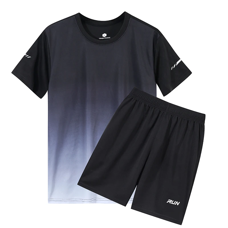 Gradient round neck men's short sleeved t-shirt summer 2026 new shorts casual suit plus size running suit
