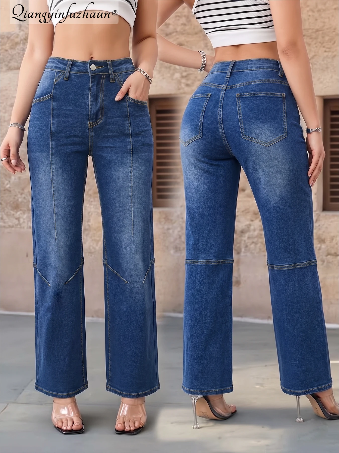 Best-Selling Design Denim! Washed Denim with Mixed Patterns. High-Waisted Straight-Leg Pants That Flatter and Make You Look Tall
