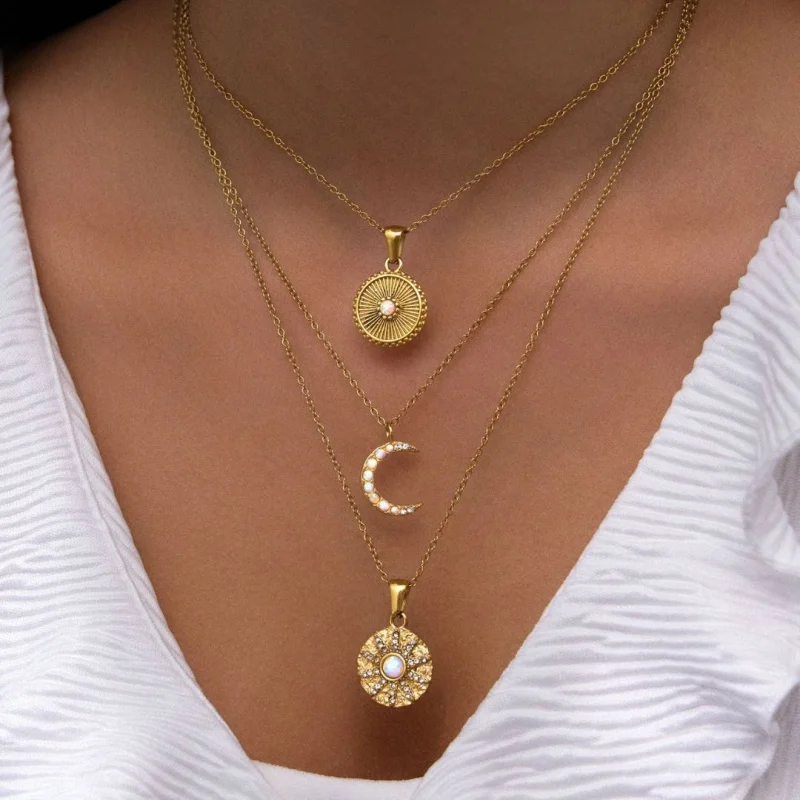 

Retro multi-layered stacked disc crystal pendant necklace for women, collar chain, moon and sun necklaces, jewelry, new style