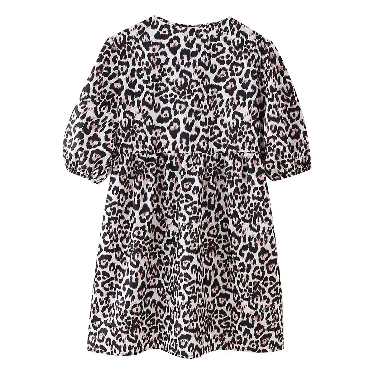 Damen neue Mode Temperament Joker Leopard Schnürung kurzes Kleid Retro O-Ausschnitt Blase Ärmel Kleid Vestidos Mujer