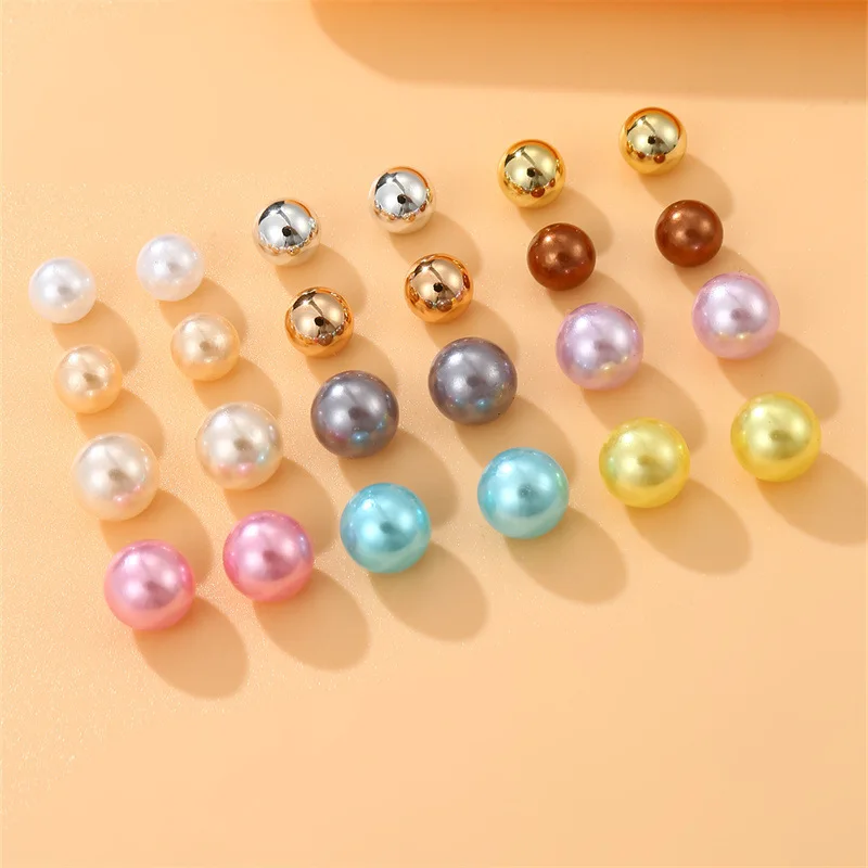 12Pair/set Simple Colorful Imitation Pearl Stud Earrings For Women Round Ball Earring Set Ear Studs Jewelry Party Brincos Bijoux