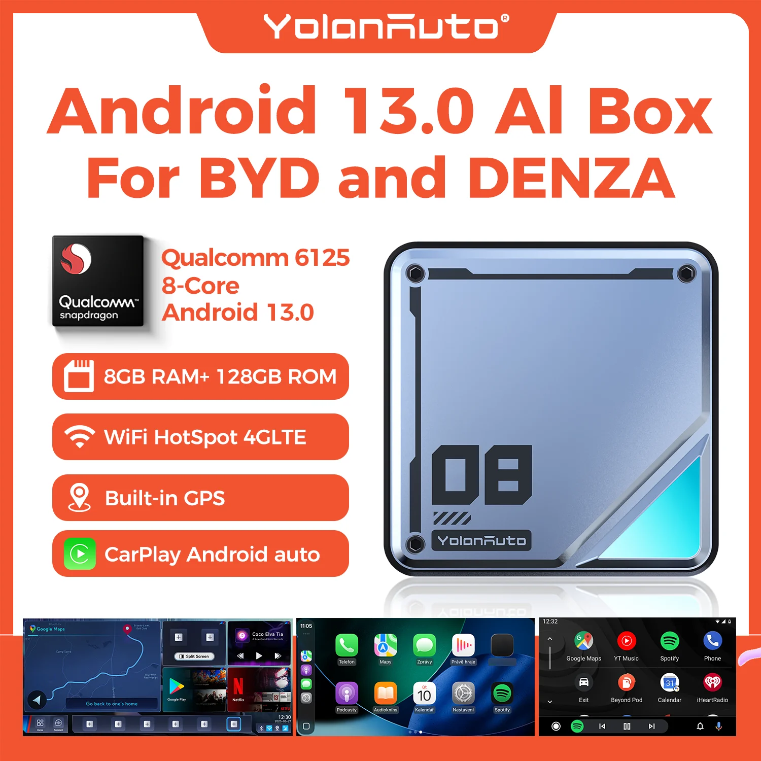 YolanAuto Android13 Wireless CarPlay Ai TV Box 8+128G QCM6125 8 Cores Netflix&Youtube GPS 4G LTE BT5.2 for BYD Seallion&DENZA D9