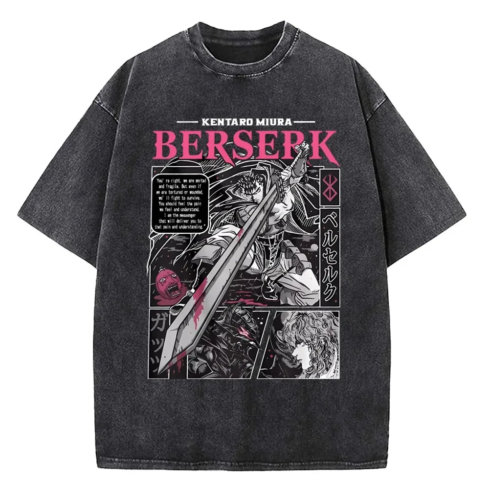 Berserk طباعة تي شيرت الرجال خمر غسلها تي شيرت أنيمي الشجاعة الجرافيك الراقية الفاخرة المتضخم منتج ساخن غسلها خمر فضفاض #2