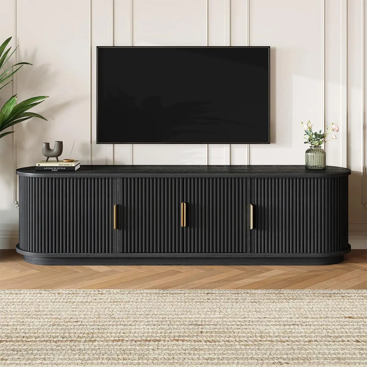 Fluted TV Stand Sliding Tambour Doors Golden Handle Entertainment Center Adjustable Storage 75