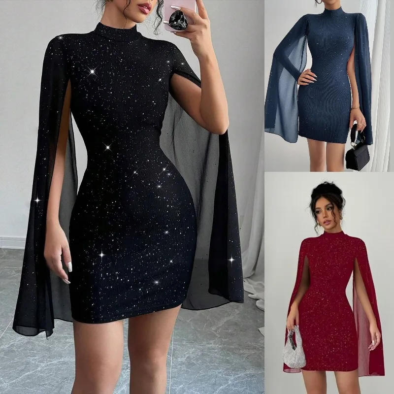 Crew Neck Pit Strip Pearl Chiffon Cape Hip Wrap Dress Women's Exquisite Simple Casual Temperament Fashion Trend High Value Retro
