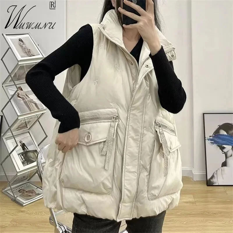 

Design Zipper Down Cotton Vest Women Oversize 85kg Casual Sleeveless Parka Stand Collar Winter Chalecos Loose Warm Padded Coat