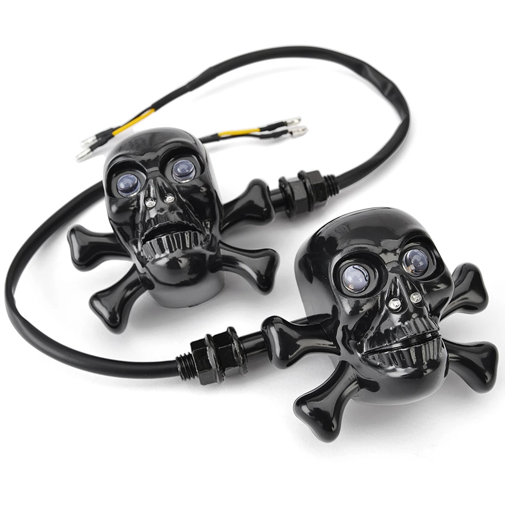 Chrome/Black Skull Motorcycle LED Turn Signal Lights Indicators For Most Motorcycle Cruiser Chopper Cafe Racer Atv Scooter