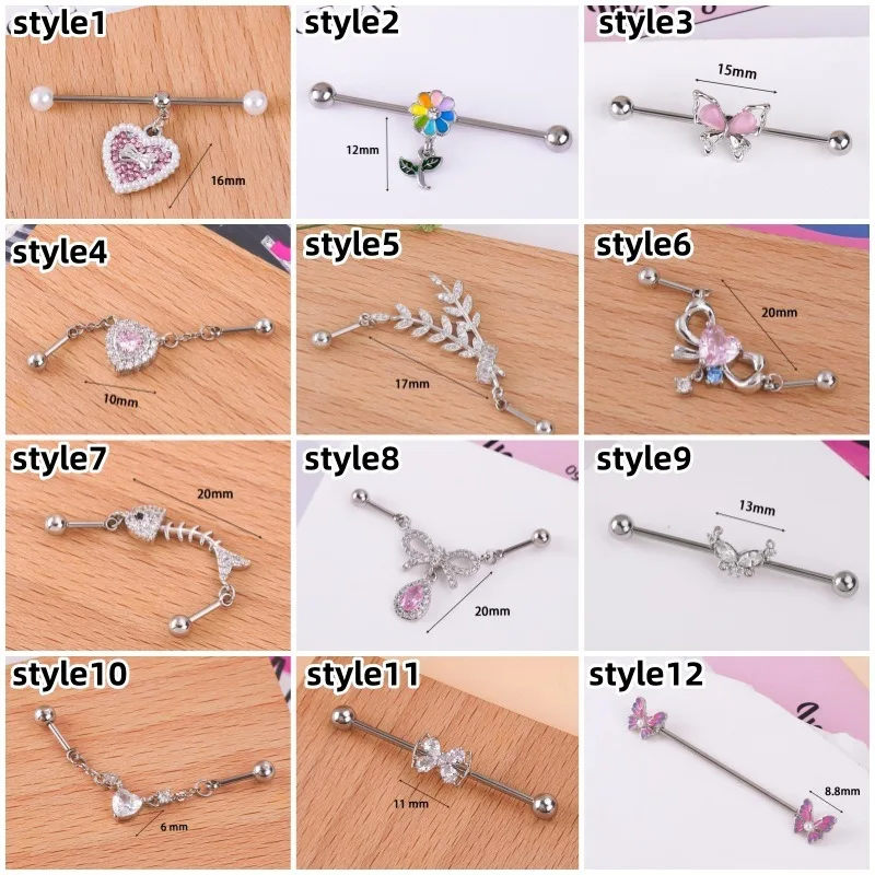 5PCS External Thread Butterfly Zircon Ear Bridge Industrial Barbell Stud Earrings Fishbone Love Double Earrings Long Studs Set