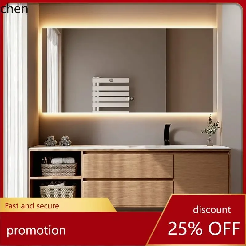 Original Wood Vintage Style Solid Wood Smart Bathroom Cabinet Set with Rock Slab Heat-Bent Integrated Basin Washstand Sink