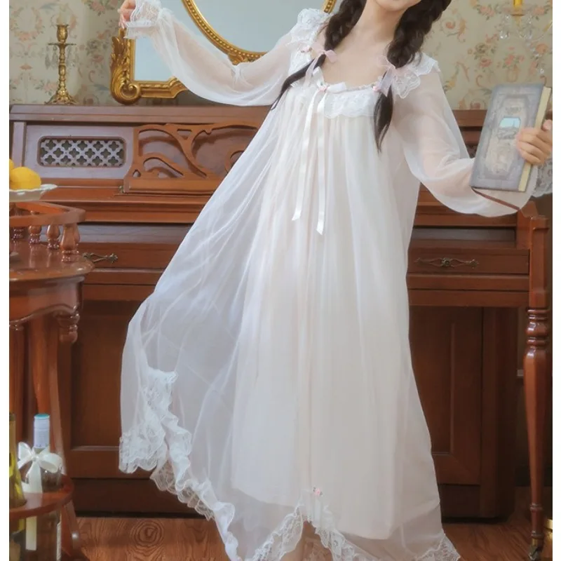 Vintage Court Style Big Neckline Modal Mesh Nightdress Irregular Skirt Small Rose Fairy Pajamas Long Dress