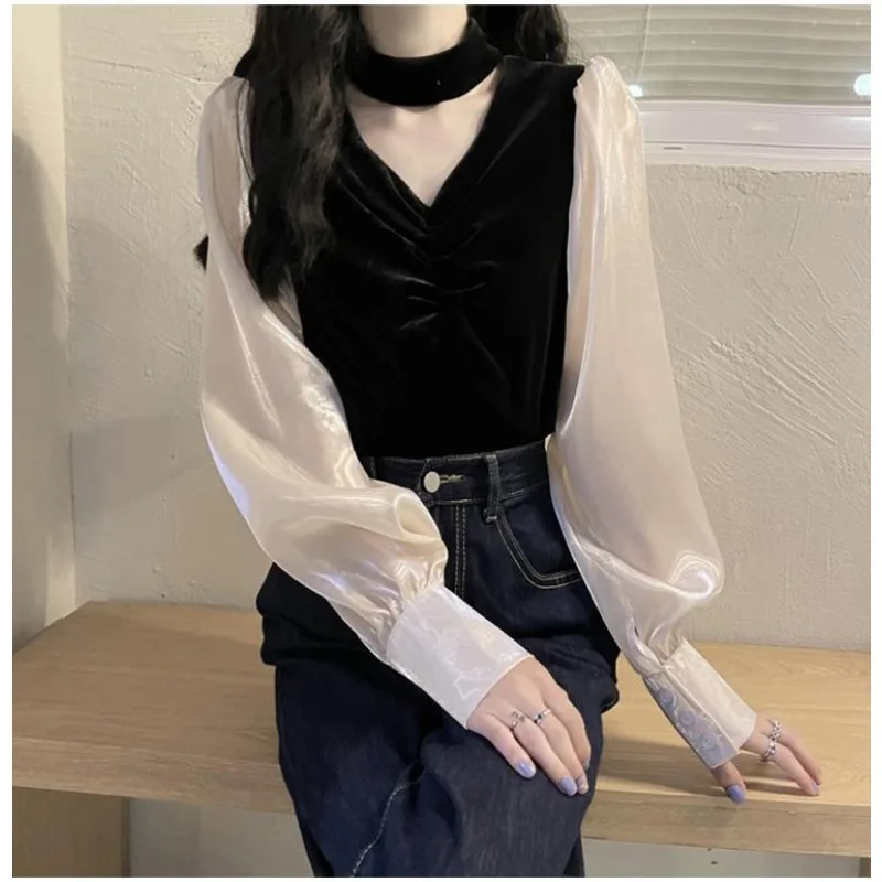 Camicia a maniche lunghe con scollo a V e scollo all'americana in velluto da donna Top a maniche lunghe autunno inverno