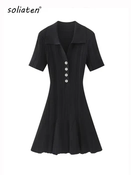 Verão novo feminino turn down colarinho manga curta vestido de malha fino ajuste a linha diamante botões vestido branco para wmen C-050