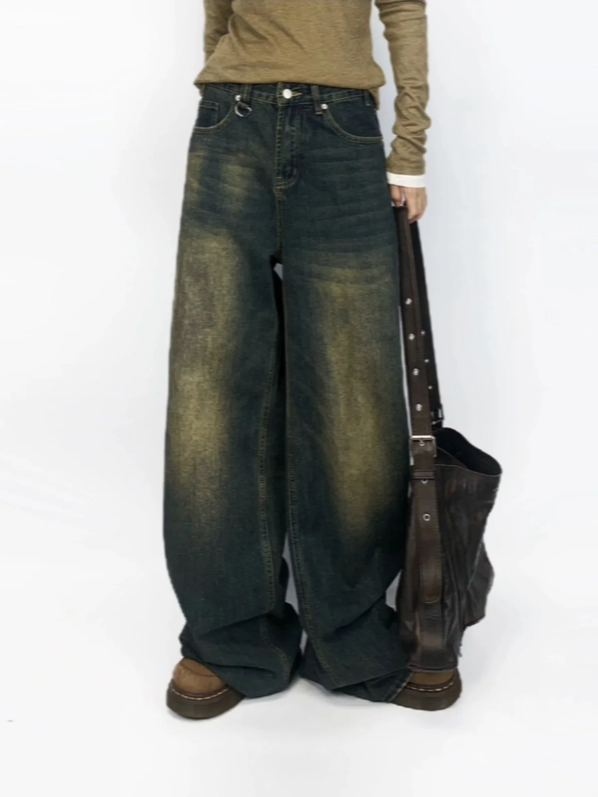 

Ретро джинсы с широкими штанинами и эффектом потертости, свободные повседневные джинсы из синего денима с завышенной талией