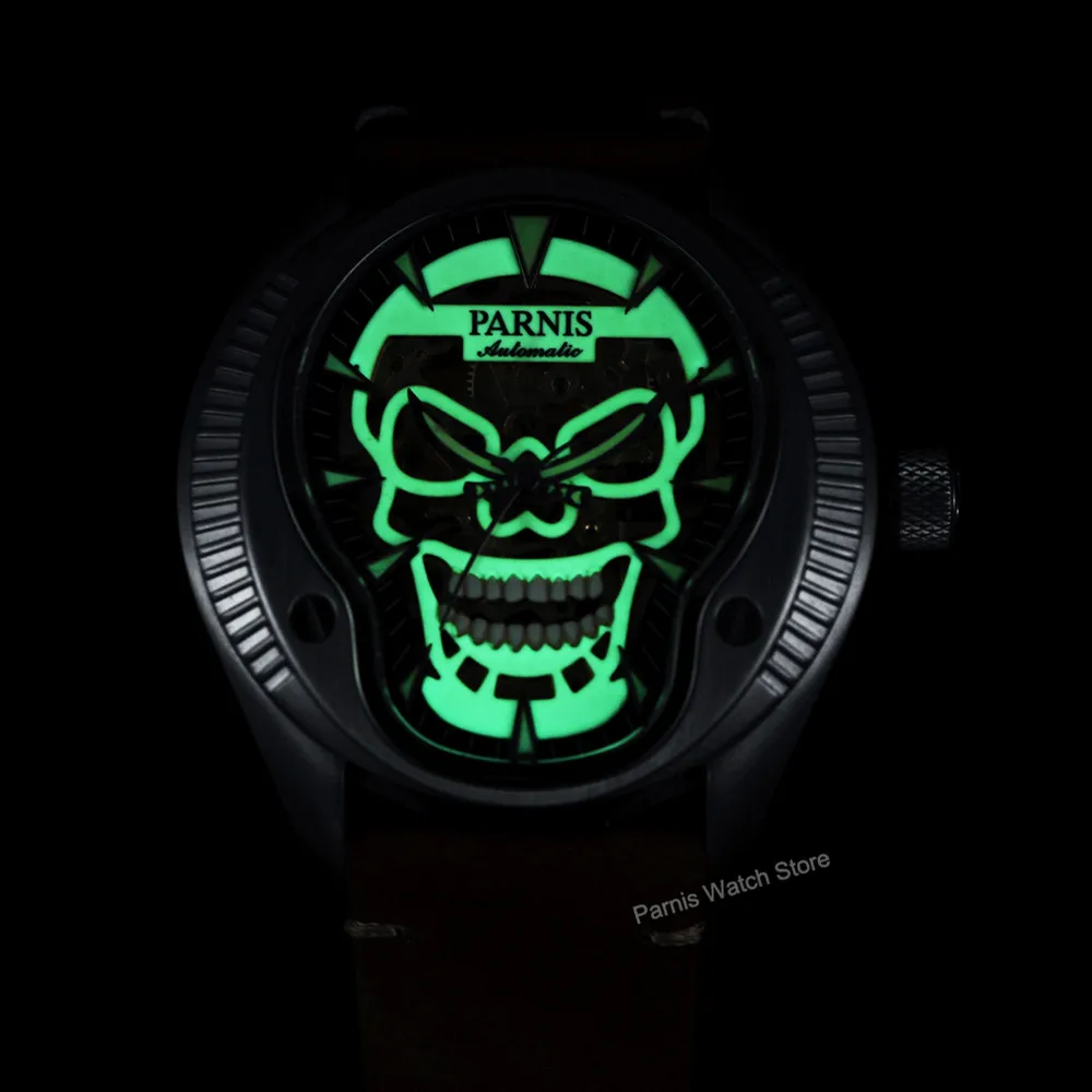 Parnis 43mm Sapphire Crystal Cool Skull Dial Miyota 8N24 Automatic Men Mechanical Watch