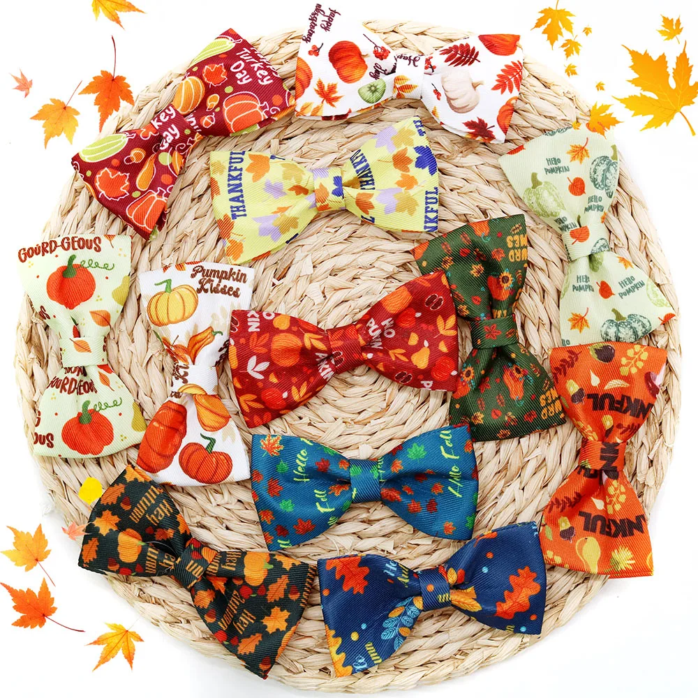 20/40PCS Autumn Dog Bows With Elastic Bands Pet Collars Accessories For Dogs Thanksgiving Day Removable Dog Bowties Pet Supplies