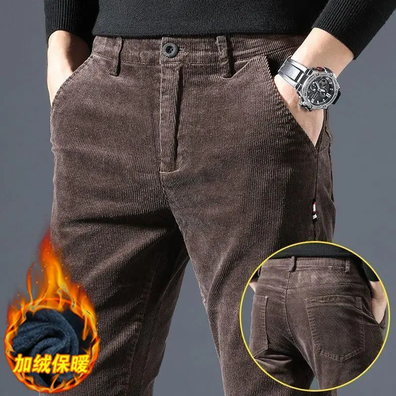 Men Vintage Fashion Letter Embroidery Corduroy Thick Velvet Casual Pants Autumn Winter Male Solid Slim Pockets Straight Trousers