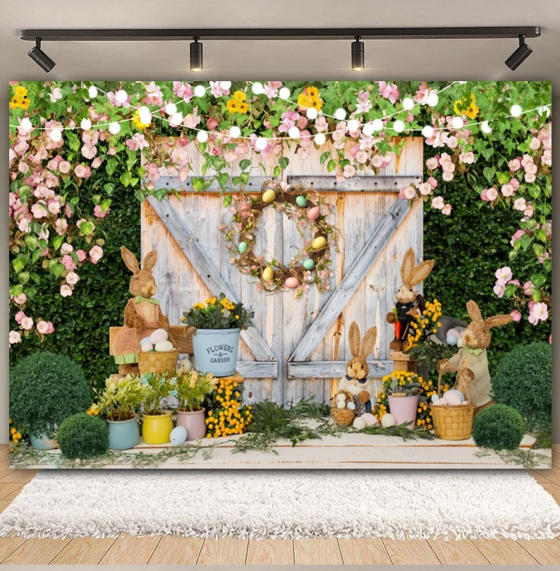 Wesołych Świąt Wielkanocnych Tło Do Fotografii Deska Drewniana Zielona Trawa Królik Królik Jajka Baby Shower Tło Dekoracja Studio Fotograficzne Rekwizyty