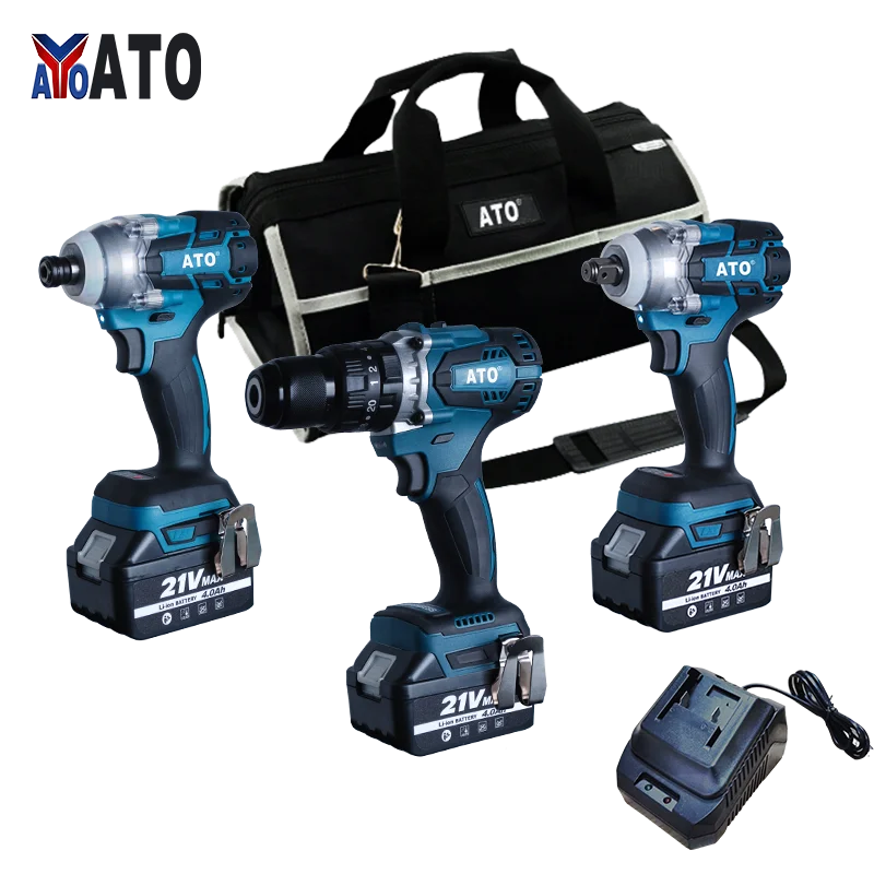 ATO CB2002 Two In One High Power 3.0Ah Fast Charger Brushless Cordless Impact Drill Screwdriver 18V 21V Combo Kit Set