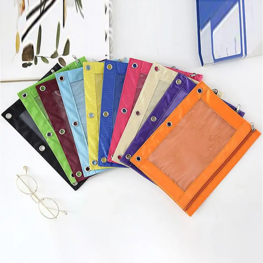 3 Holes Pencil Case Zipper Transparent Loose-Leaf Binder Oxford Cloth School Stationery File Storage Bag School Office Supplies