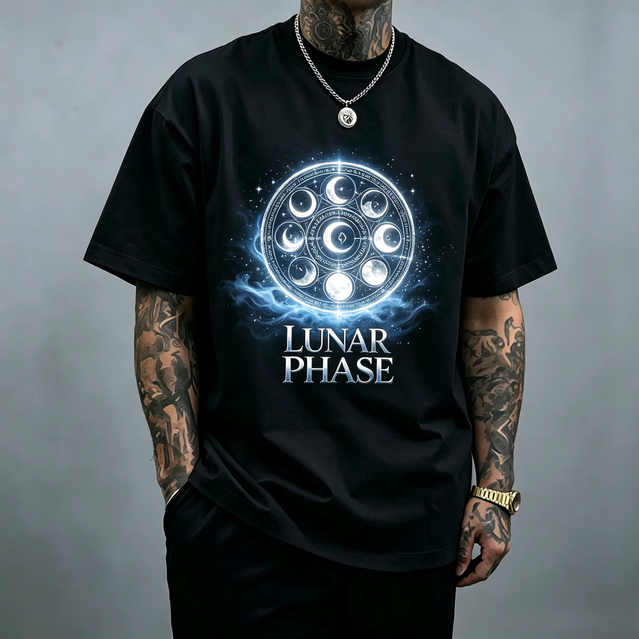 Unisex Lunar Phase Graphic T Shirt Men Women Moon Phase Astrology Circle Print Oversized Crew Neck Short Sleeve Tee Witchy Occult Streetwear Cotton Top