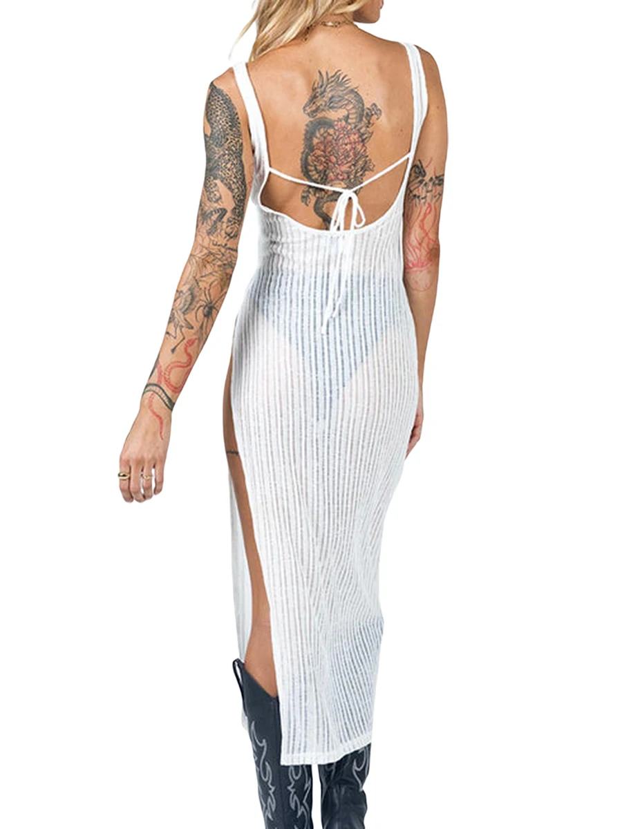 Dames Ronde Hals Mouwloze Tank Bodycon Geribbeld Gebreide Kant Zit Knielengte Potlood Midi Jurken